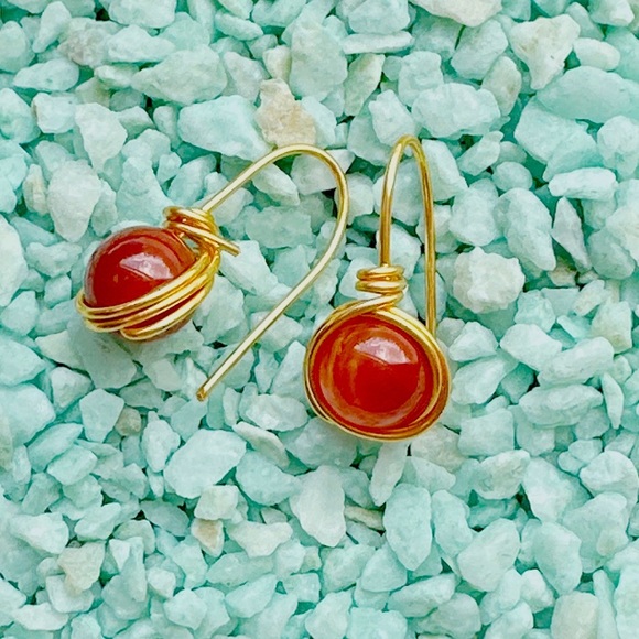 Carnelian and gold statement earrings/fire carnelian dangle drops earrings - Picture 2 of 2